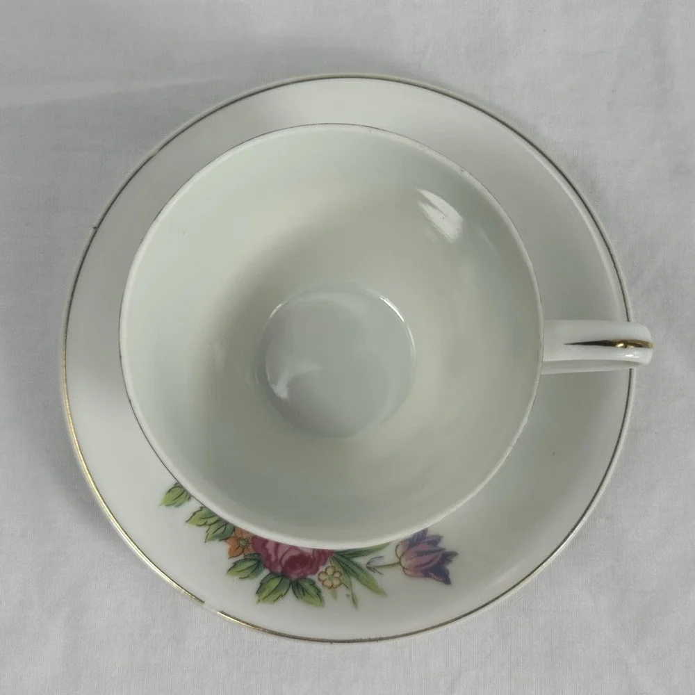 Vintage Floral Teacup‎ Saucer Set Gold Trim Multi-Color Rose Grandmillennial
